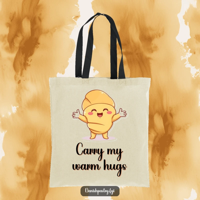 Funny Croissant Hug Tote Bag featuring a smiling character offering a warm embrace, perfect for carrying essentials with comfort.