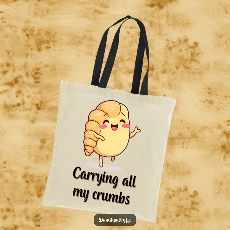 Funny Croissant Jig Tote Bag with a cheerful, dancing croissant, ideal for carrying groceries with a humorous touch.