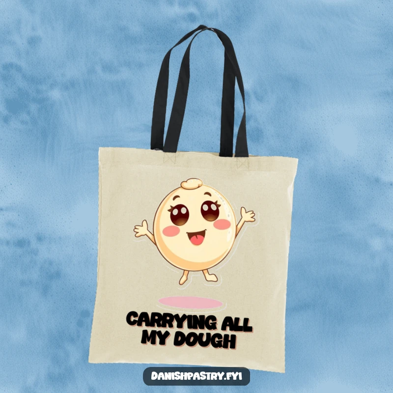 Funny Tote Bag displaying a round pastry character with wide eyes, captured in an ecstatic jump. Ideal for carrying daily items with a humorous flair.