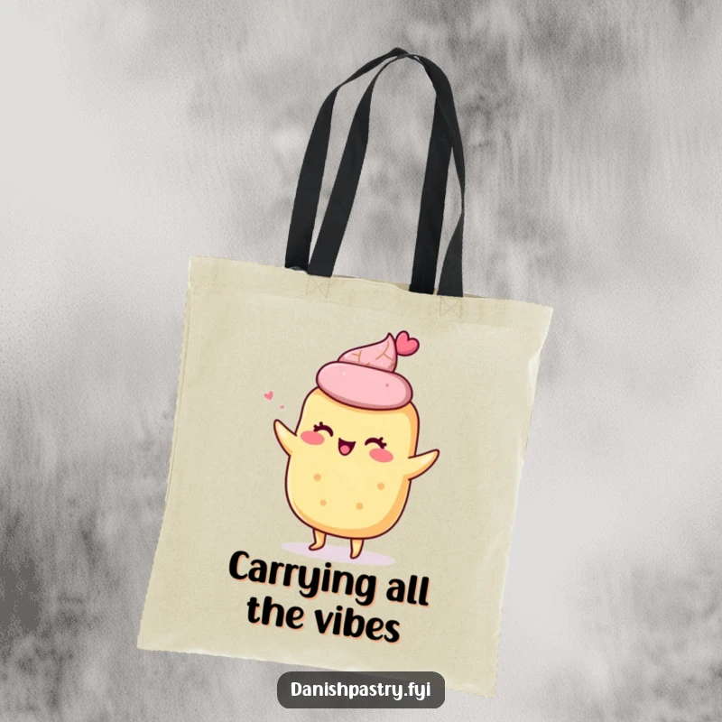 Funny tote bag with a giddy scone character doing a little shimmy, perfect for carrying essentials with a dose of baking cheer.