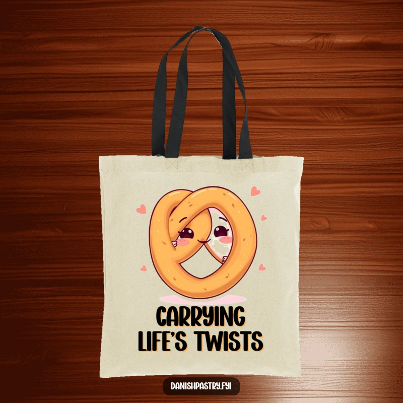 Funny tote bag with a happy pretzel character twisting playfully, perfect for carrying essentials with a dose of snack-themed cheer.