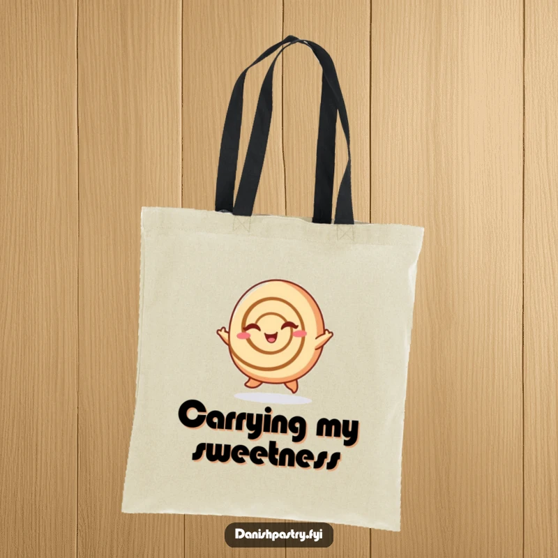 Funny Cinnamon Roll Tote Bag: A cheerful cinnamon roll hopping and winking, perfect for carrying essentials with sweetness, a great funny gift.