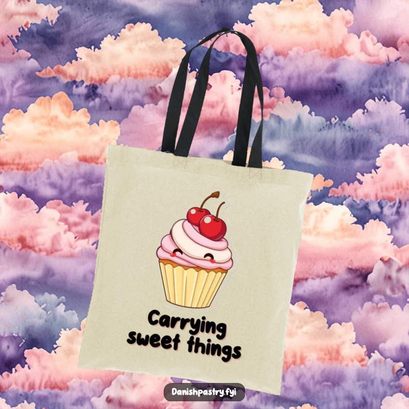 Funny cupcake with frosting bouncing a large cherry, a cute and practical tote bag for everyday use.