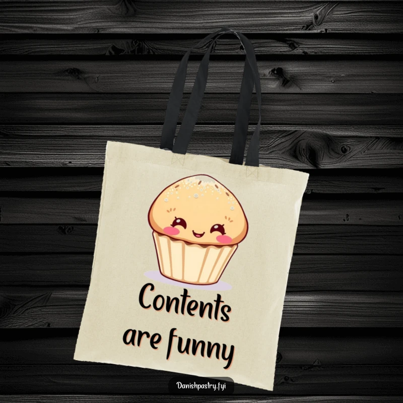 Funny muffin tote bag, sugar-dusted character with a funny face, a practical and humorous accessory.