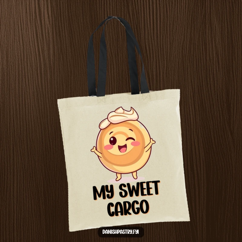 Funny cinnamon roll tote bag, a smiling pastry character dancing joyfully with dynamic icing swirls, a practical and cute accessory.