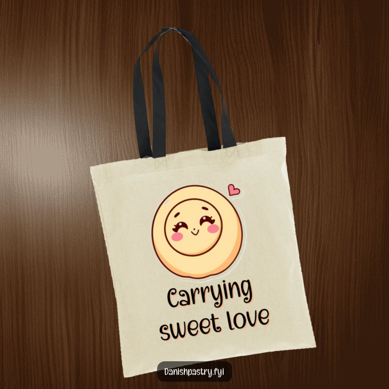 Funny cinnamon roll character with a happy swirl blowing a kiss on a tote bag, a charming and sweet accessory.