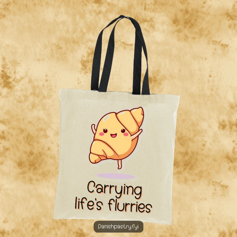 Funny croissant in a dynamic cartwheel pose on a durable tote bag, ready for shopping and spreading cheer.