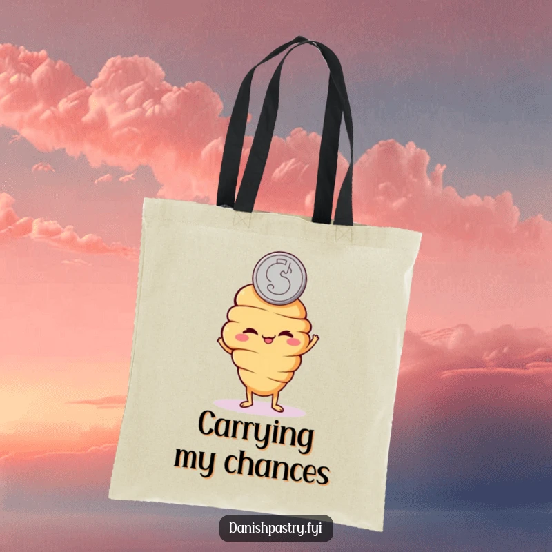 Funny tote bag with a mischievous croissant character flipping a coin, perfect for carrying items with a playful spirit.