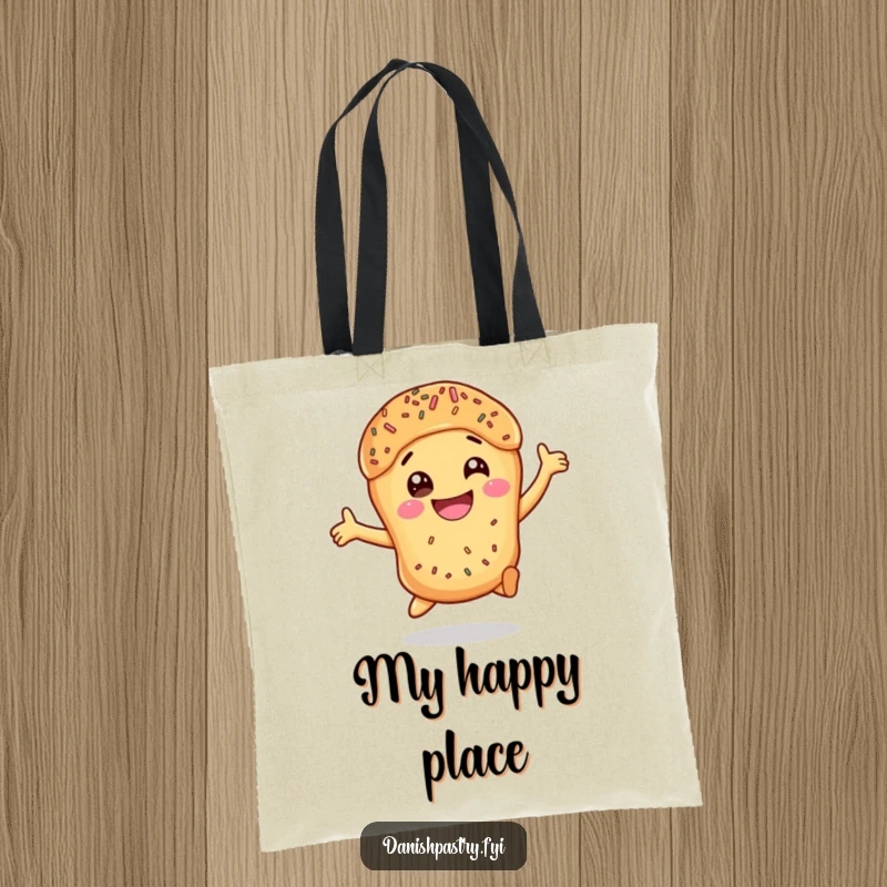 Funny Danish Pastry Leap Tote Bag featuring a smiling, leaping pastry with sprinkles, perfect for a humorous shopper.