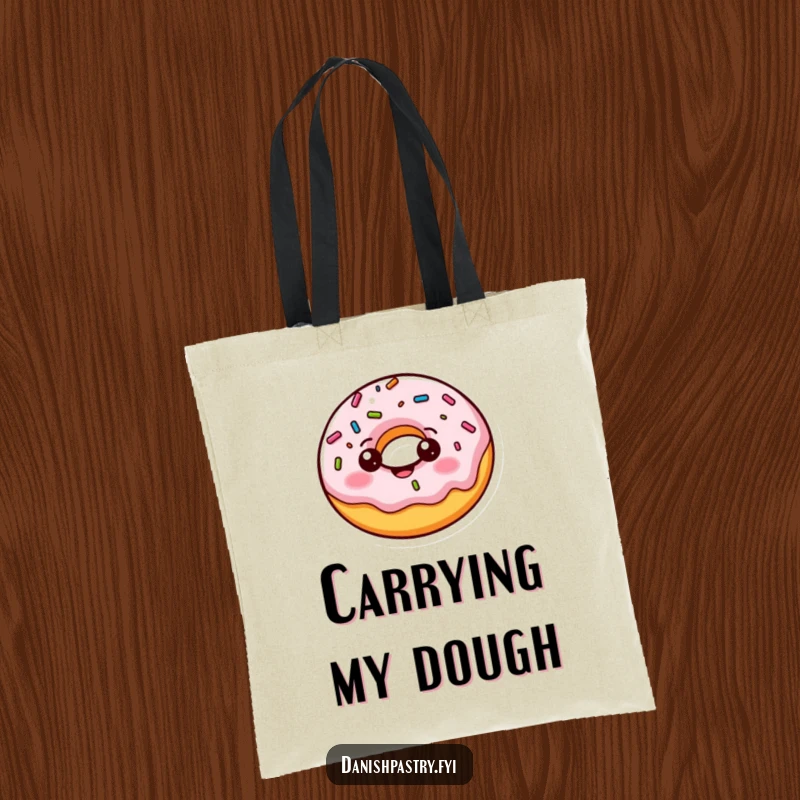 Funny donut tote bag, a cheerful character doing a playful bounce with wobbling sprinkles, a fun and practical accessory.