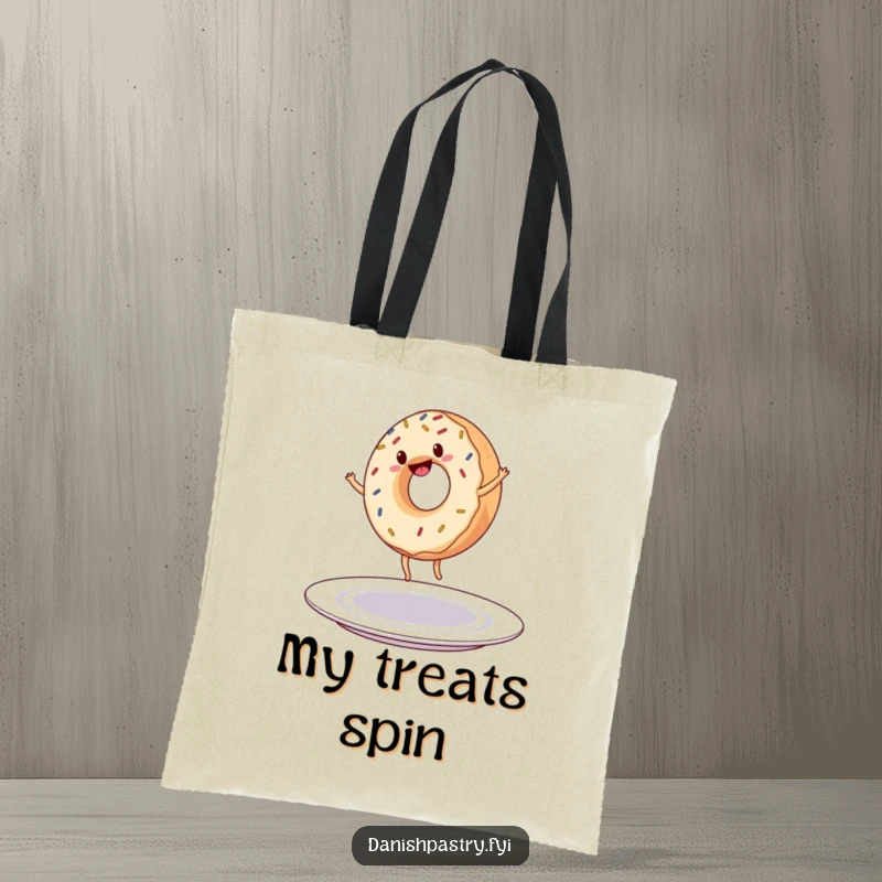 Funny Tote Bag: A cheerful donut with sprinkles does a cartwheel on a plate, showcasing playful movement and sweet fun.