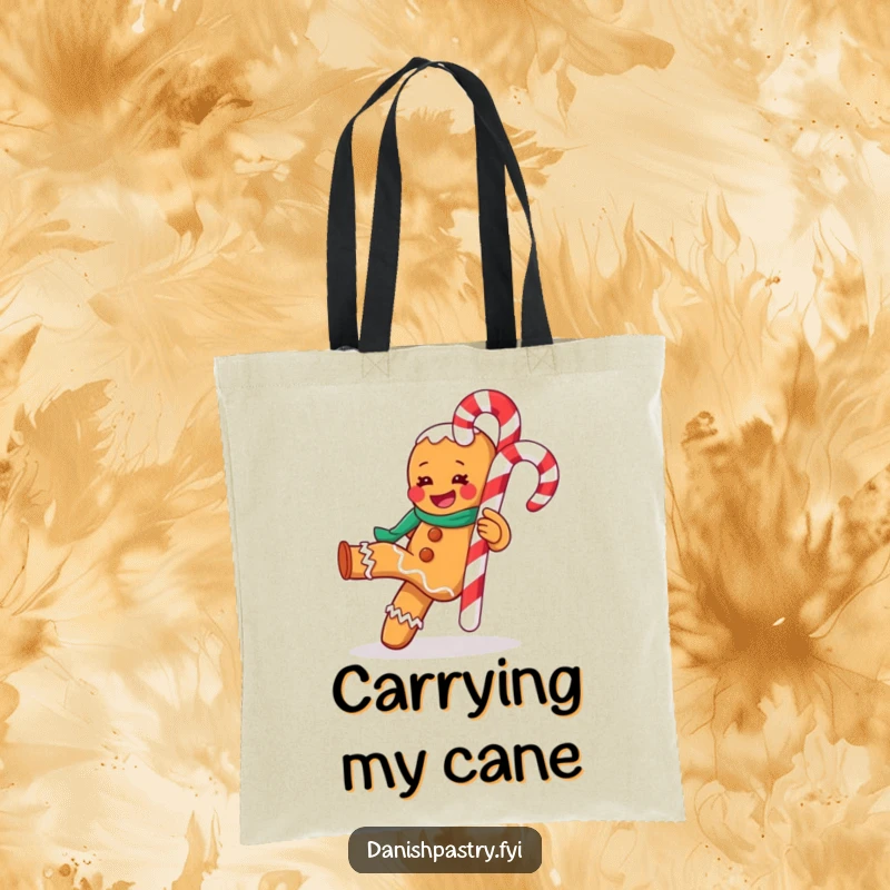 Funny tote bag featuring a gleeful gingerbread man in a dynamic pose, kicking a giant candy cane, bringing holiday fun.