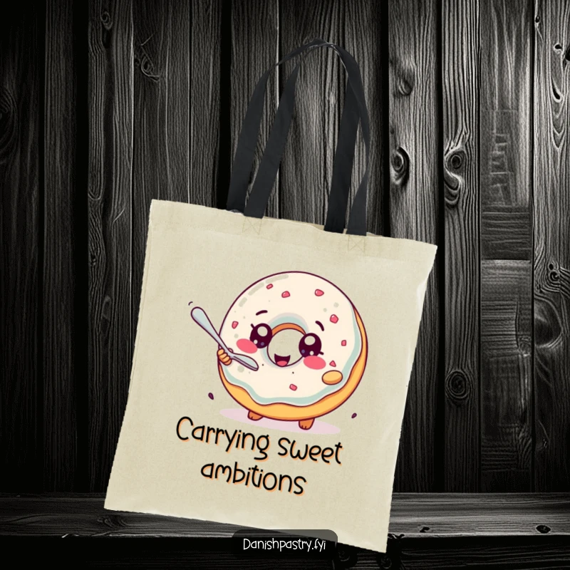 Funny Tote Bag: A delighted jelly donut with sparkling eyes hilariously chases a tiny spoon, a whimsical and practical accessory.