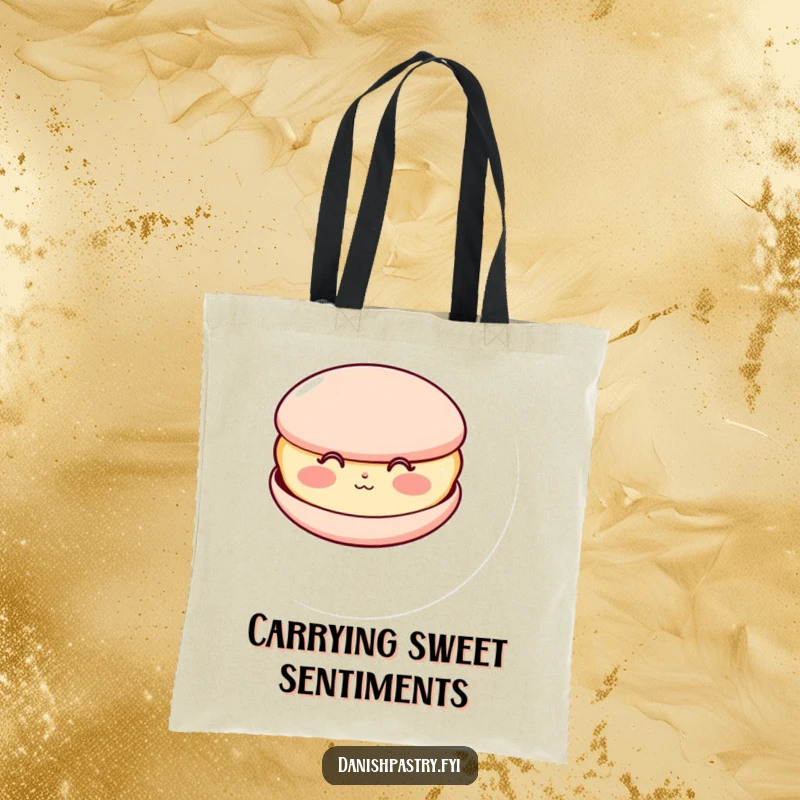 Funny tote bag depicting a happy macaron with rosy cheeks, blowing a kiss, a sweet and humorous accessory.