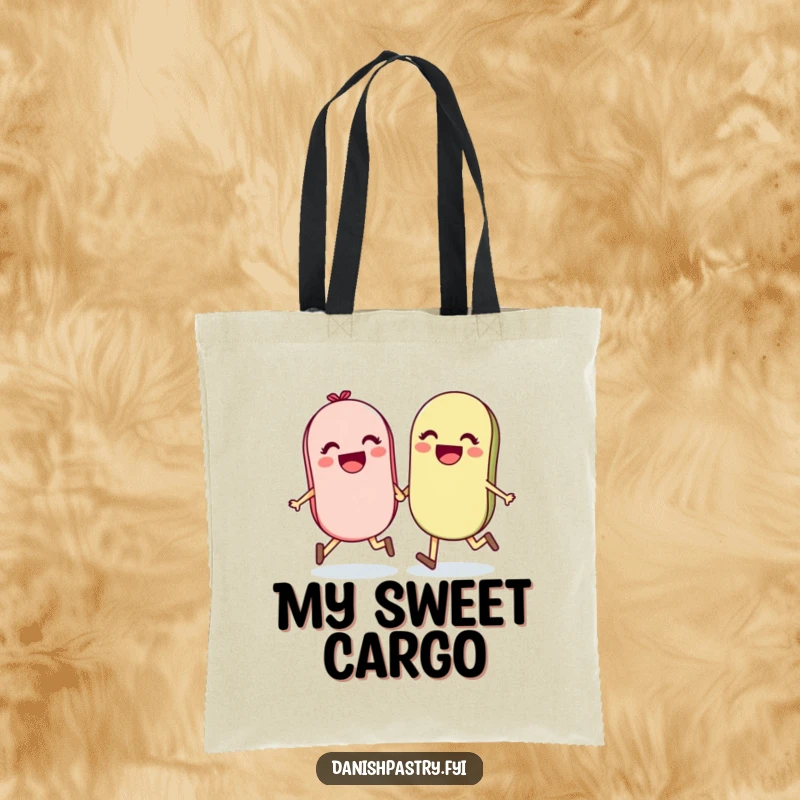 Funny tote bag depicting a delighted pair of macarons holding hands and skipping, perfect for carrying essentials with joy.