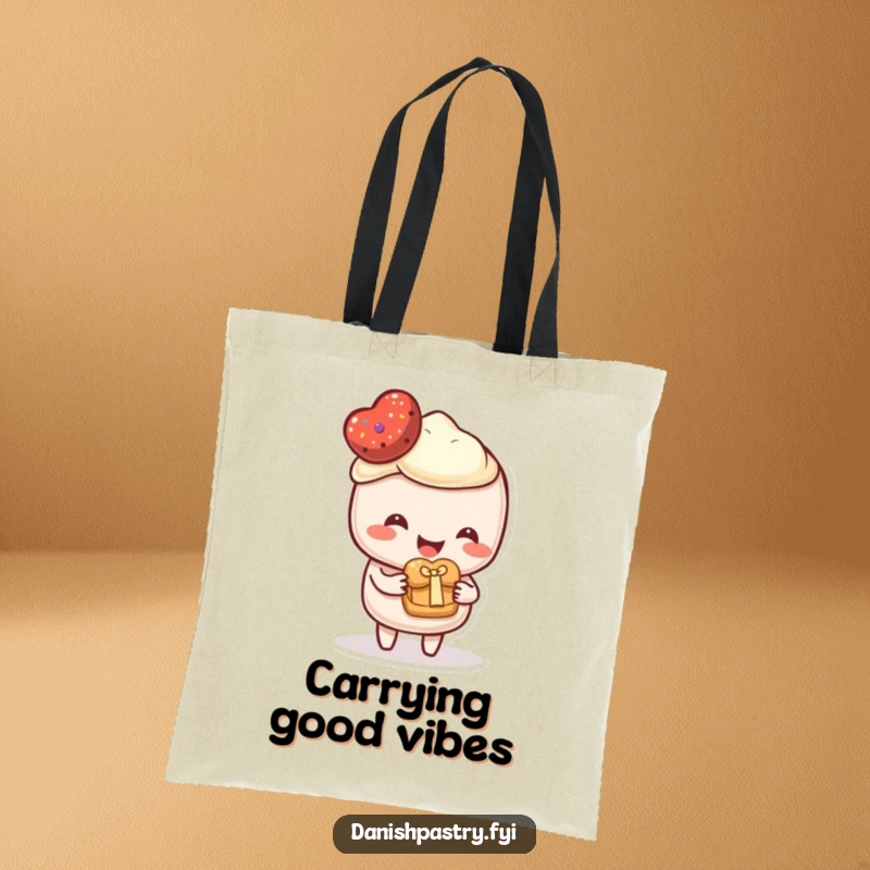 Funny Tote Bag showcasing a happy pastry character offering a small pastry as a gift. A charming and humorous accessory for gift-givers.