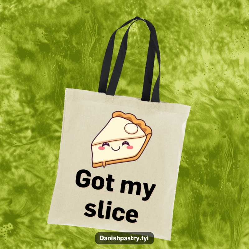 Funny pie slice tote bag featuring a joyful pie character with a happy grin taking a bite, embodying delicious fun.