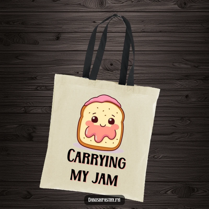Funny Tote Bag showcasing a blushing scone with jam, waving shyly, a cute and humorous accessory.
