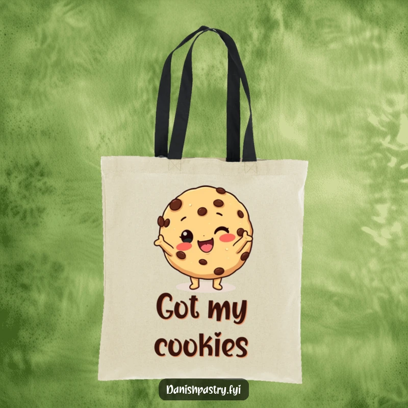 Funny cookie tote bag featuring a happy cookie character with chocolate chips striking a silly pose, embodying delicious fun.