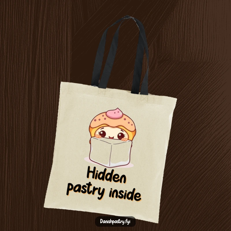 Funny tote bag with a curious Danish pastry character with icing, peeking from behind a sugar cube, for a fun carryall.