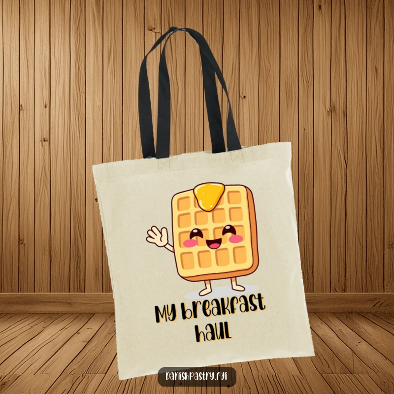 Funny tote bag showcasing a smiling waffle with dripping syrup, waving enthusiastically, perfect for carrying daily items.