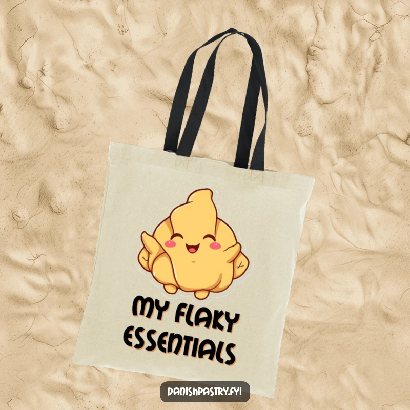 Funny croissant tote bag, a happy pastry character joyfully unfolding its flaky layers, a chic and humorous carryall.