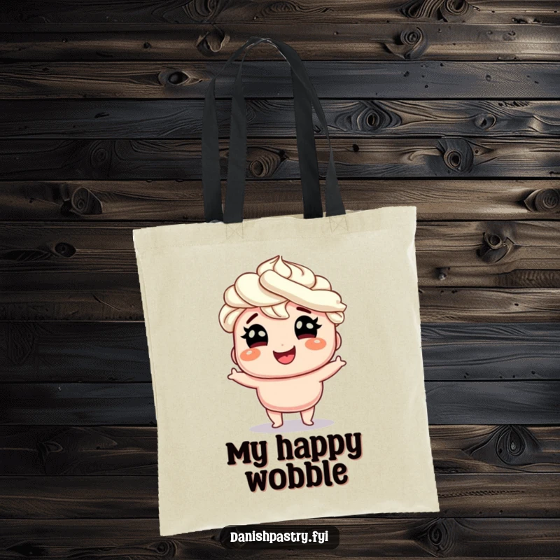 Funny smiling Danish with whipped cream hair doing a silly wobble with glee, a stylish and humorous tote bag for everyday use.