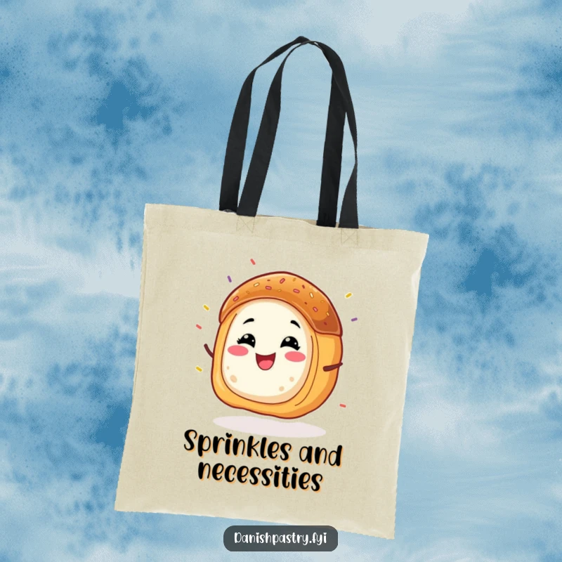 Funny Danish pastry tote bag, a grinning character energetically wiggling with sprinkles flying, a fun and practical accessory.